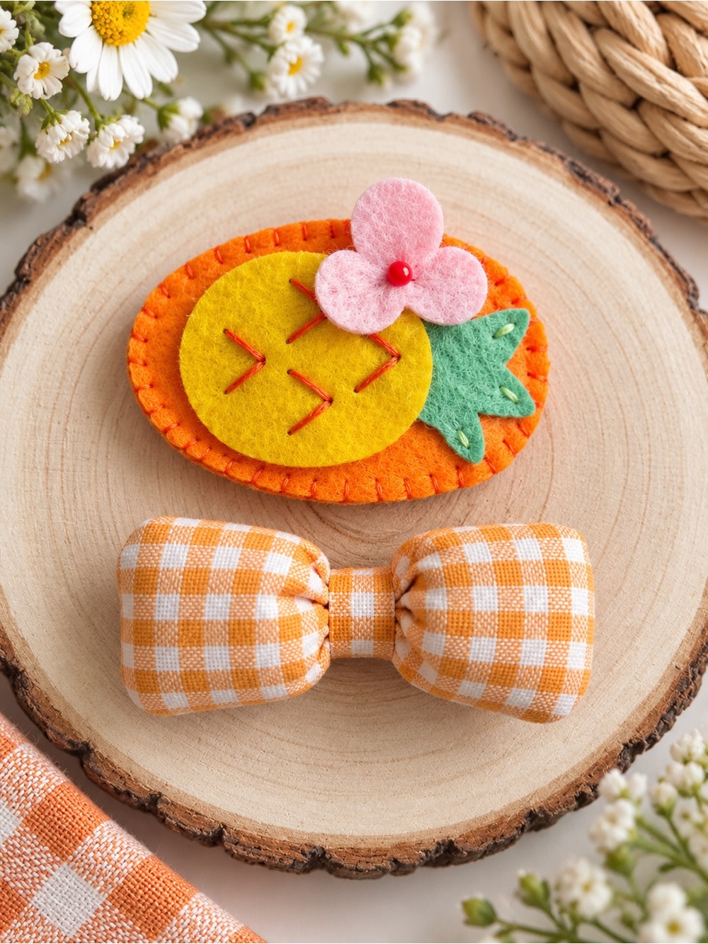 Pineapple Hair Clip Set for Girls Orange Gingham Bow & Felt Pineapple Clip - Picture 2 of 7